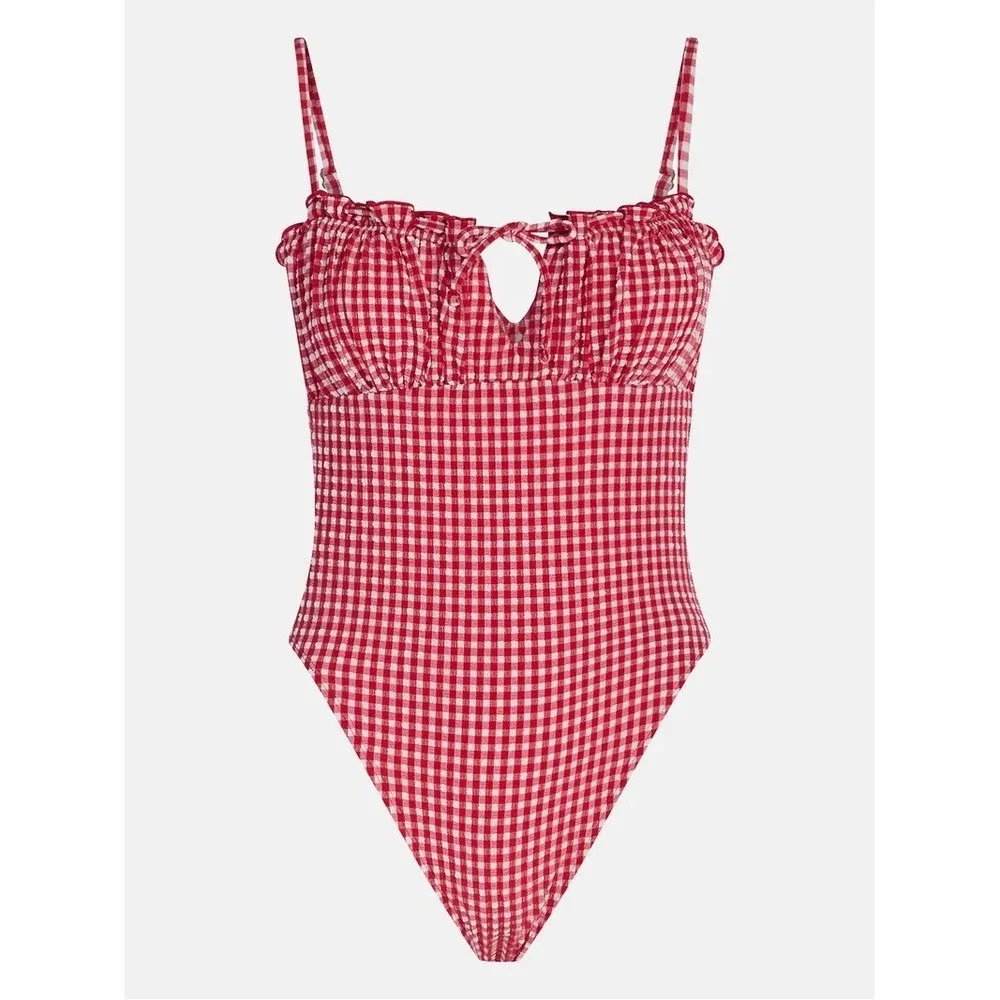 Cottagecore Kacey Musgraves Gingham Picnic One Piece Swimsuit Red White XL NWT